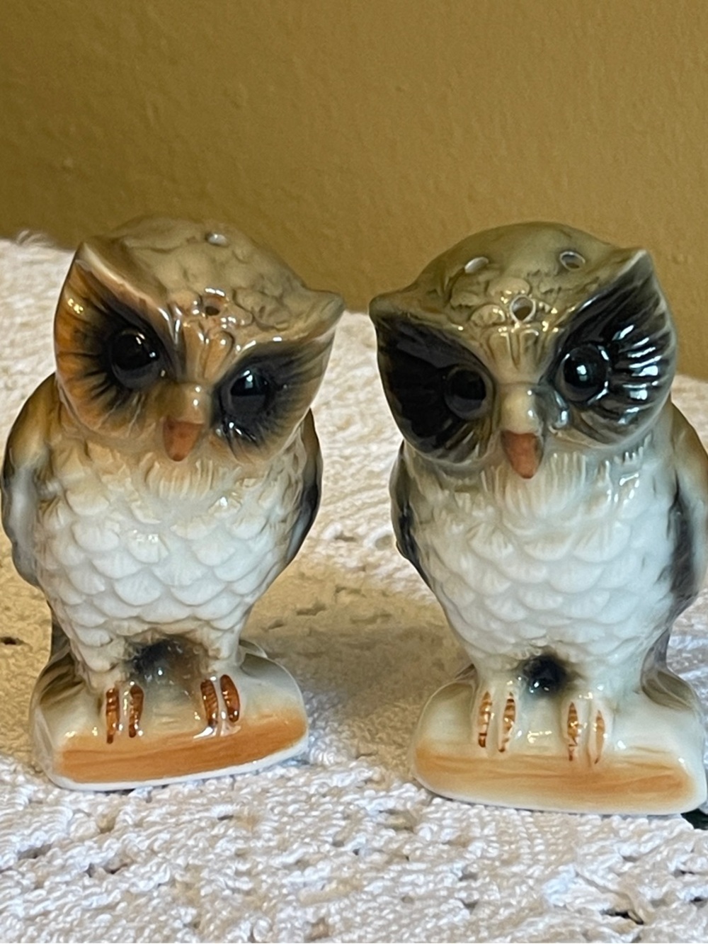 Vintage Pair of Ceramic Owl Salt and Pepper Shakers - White and Brown